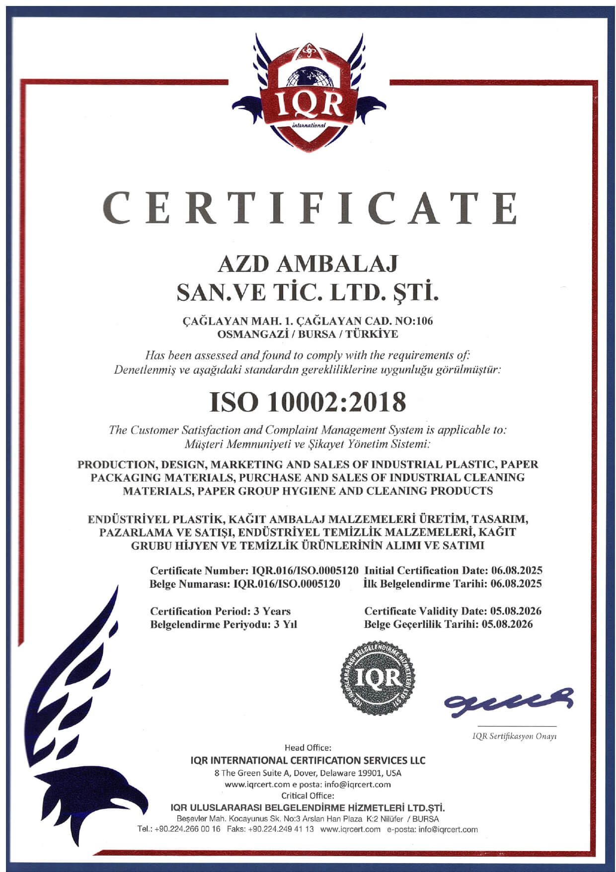AZD Ambalaj ISO 10002:2018 Müşteri Memnuniyeti sertifikası
